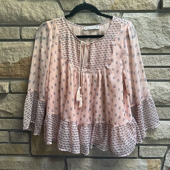 Abercrombie & Fitch flowy boho light pink print tassel top blouse medium - Picture 9 of 9
